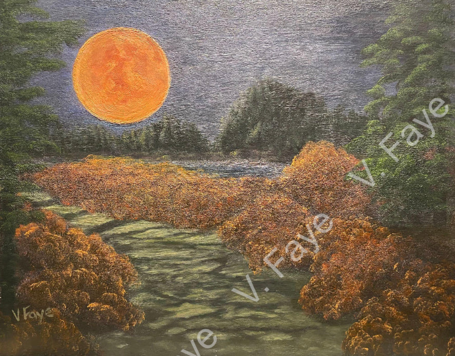 Original Painting  "Riverside Stroll By Harvest Moon”